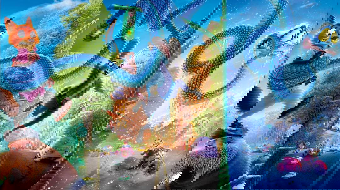 Коллаж сцен «Зверополис 2»: Ник и Джуди в движении по улицам города, контраст летних и зимних пейзажей, динамичная композиция и насыщенные цвета.