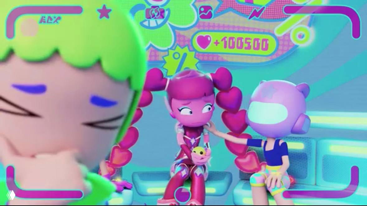 Сцена внутри виртуального пространства: розовый персонаж и спутник на скамье в неоновом окружении, интерфейс камеры в кадре — часть эпизода.