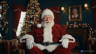 Санта в красном костюме сидит в кресле у украшенной ёлки и подарков — уютная праздничная сцена, подходящая для детского поздравления.
