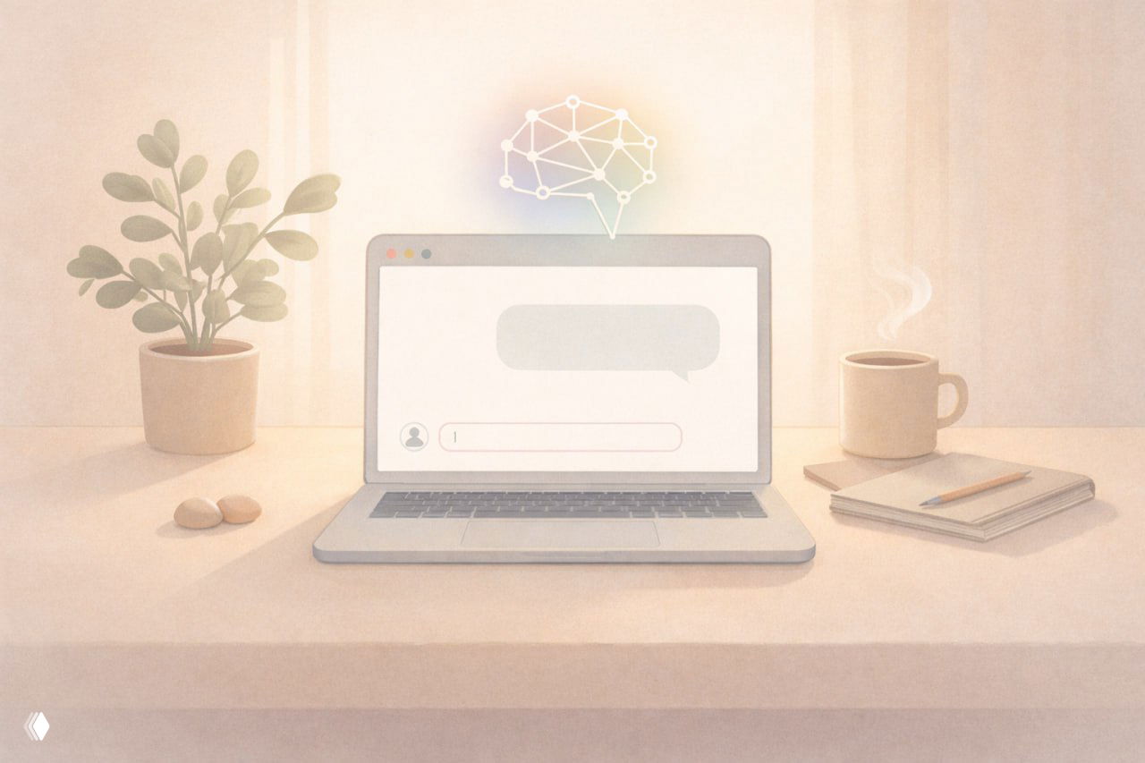 Ноутбук на столе с открытым окном чата на экране, рядом чашка кофе и блокнот; над экраном светящаяся иконка нейронной сети, мягкий свет и спокойная рабочая обстановка.