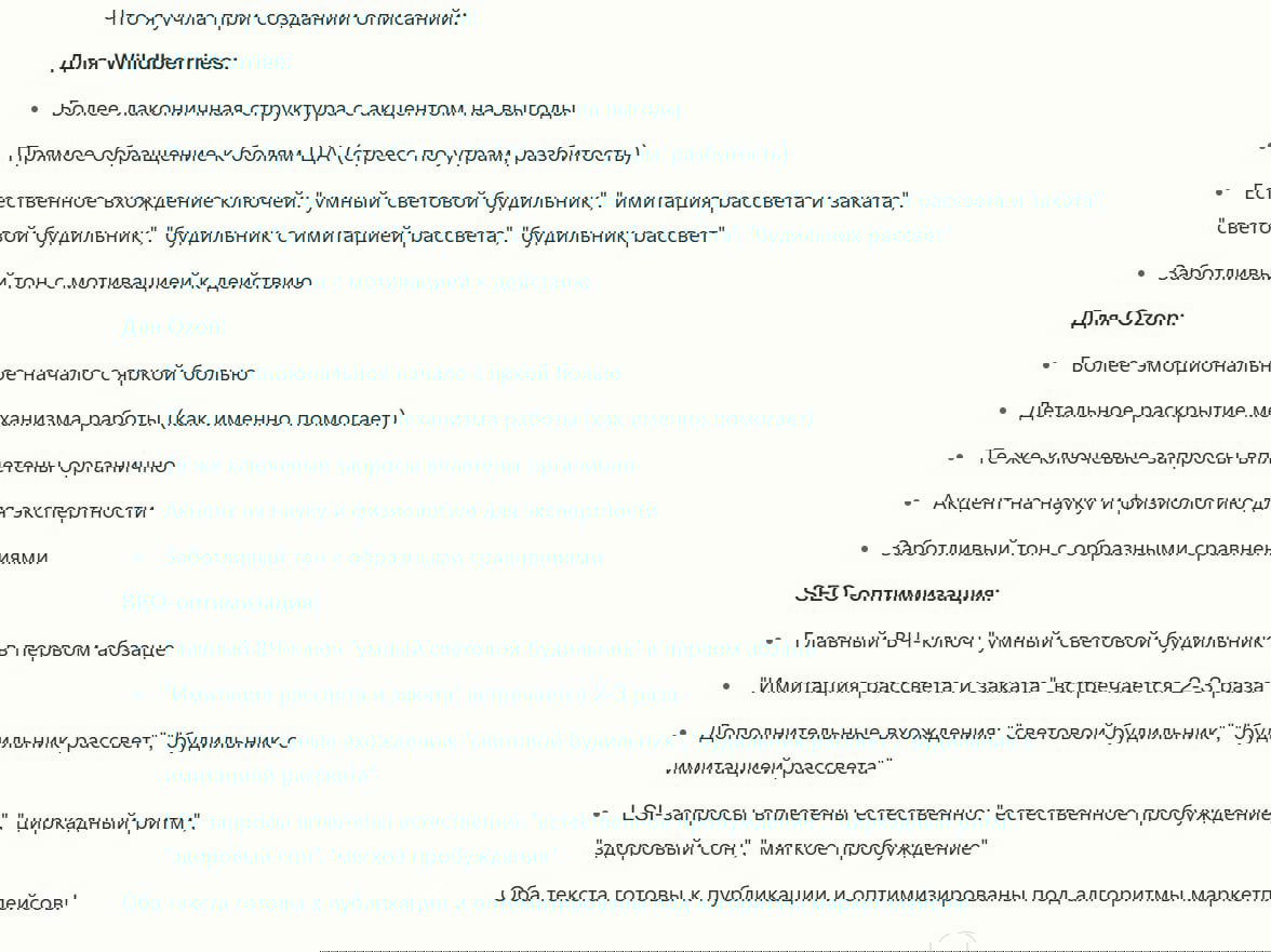 Финальная часть поста: пункты SEO‑оптимизации и подтверждение готовности двух версий текстов для публикации на маркетплейсах.