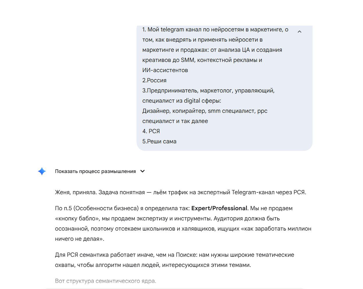 Скриншот ответа ИИ с уточняющими вопросами: список вводных для сбора семантики — описание продукта, география, ЦА, вид рекламы и особенности бизнеса.