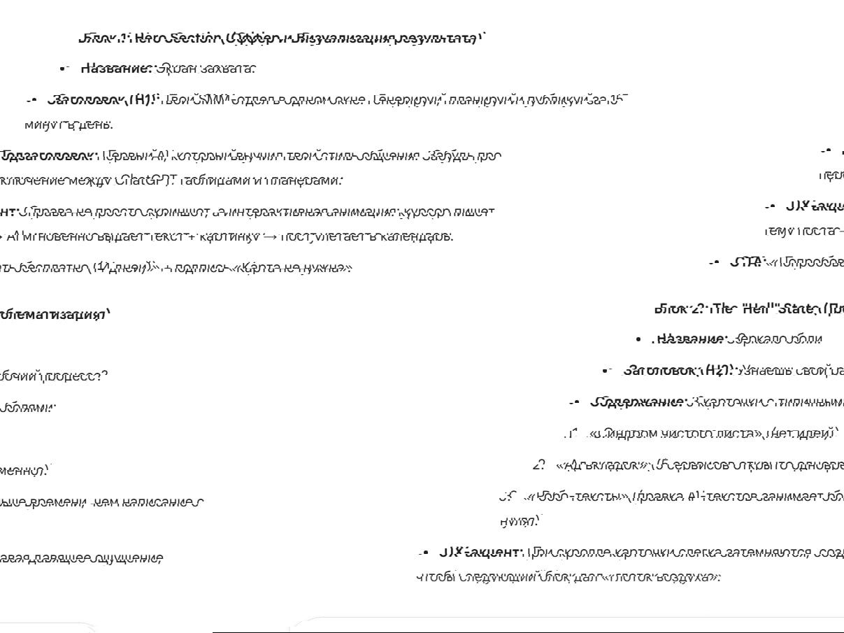 Фрагмент документа с архитектурой лендинга: блоки Hero, проблематизация и UX-акценты, перечислены заголовки и UX-заметки для каждого блока.