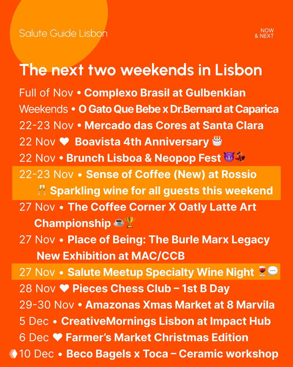 Bright orange poster listing upcoming Lisbon events and weekends, typographic layout highlighting dates, pop-ups and local venues across the city.