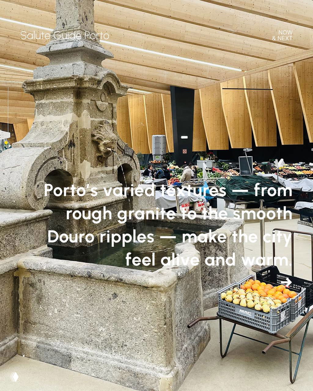 Porto market scene with an old stone fountain and wooden market stalls, crates of fruit and local textures showing daily commerce in the city.