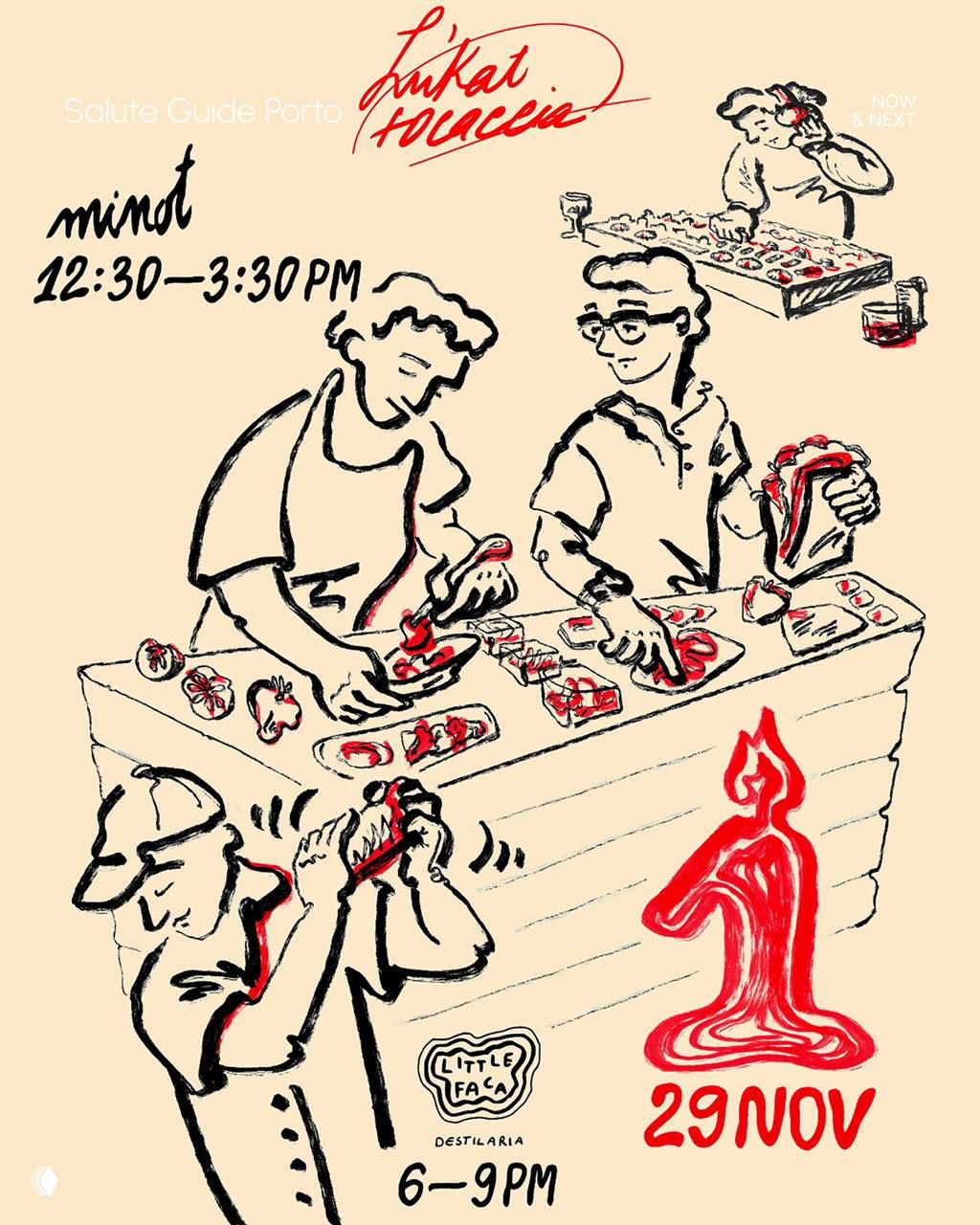 Hand-drawn poster illustration for a food event showing people preparing sandwiches, playful sketches and a red candle motif with event time.