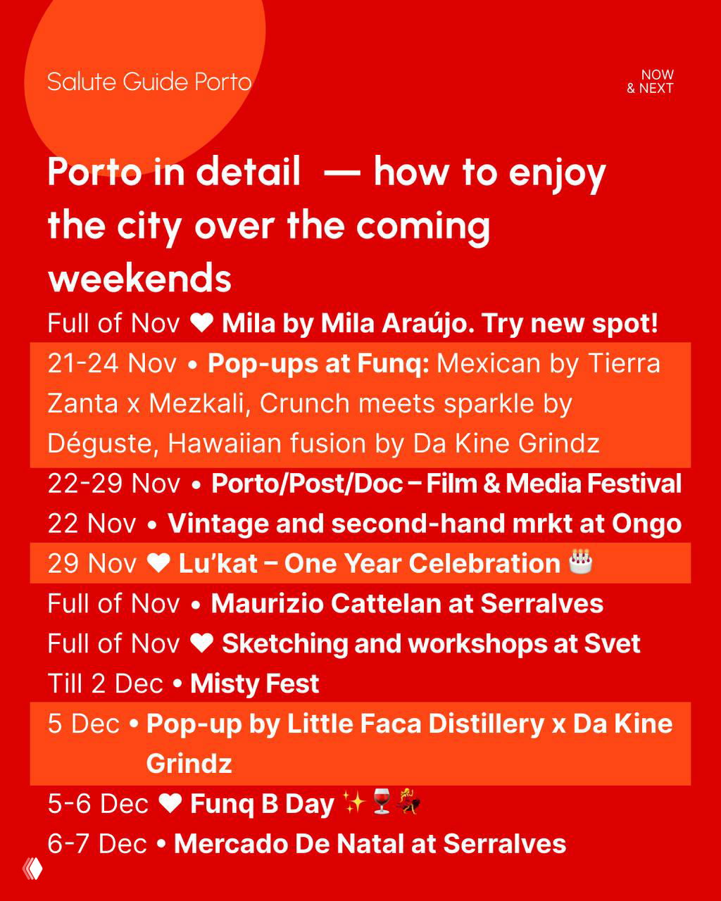 Red event poster for Porto listing pop-ups, festivals and anniversaries — dense typographic schedule with highlighted dates and venues.
