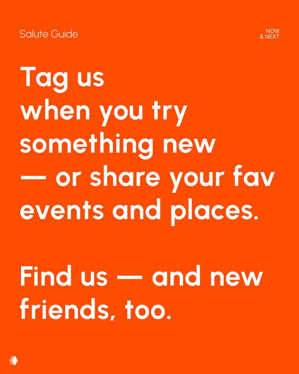 Bold orange 'Tag us' promotional card encouraging readers to share experiences and favourite events, shown in Salute Guide brand colours.