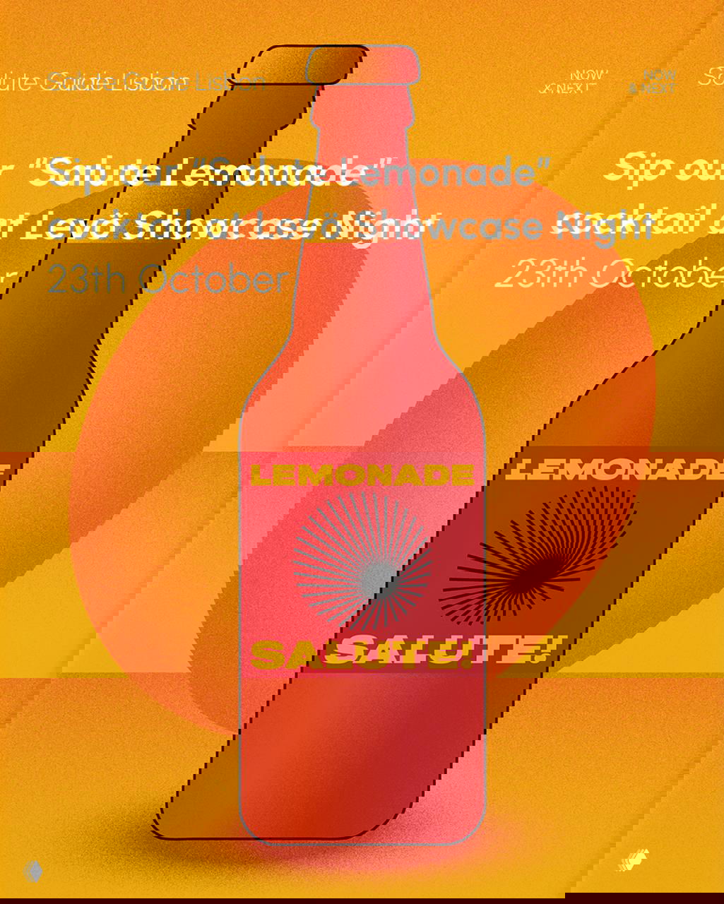 Illustrated bottle artwork advertising the Salute Lemonade cocktail at Levö Showcase Night, bright orange and red graphic promoting a drink special.