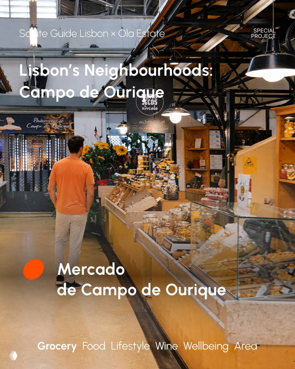 Interior of Mercado de Campo de Ourique with market stalls displaying breads, cheeses and olives while a visitor walks down the central aisle.