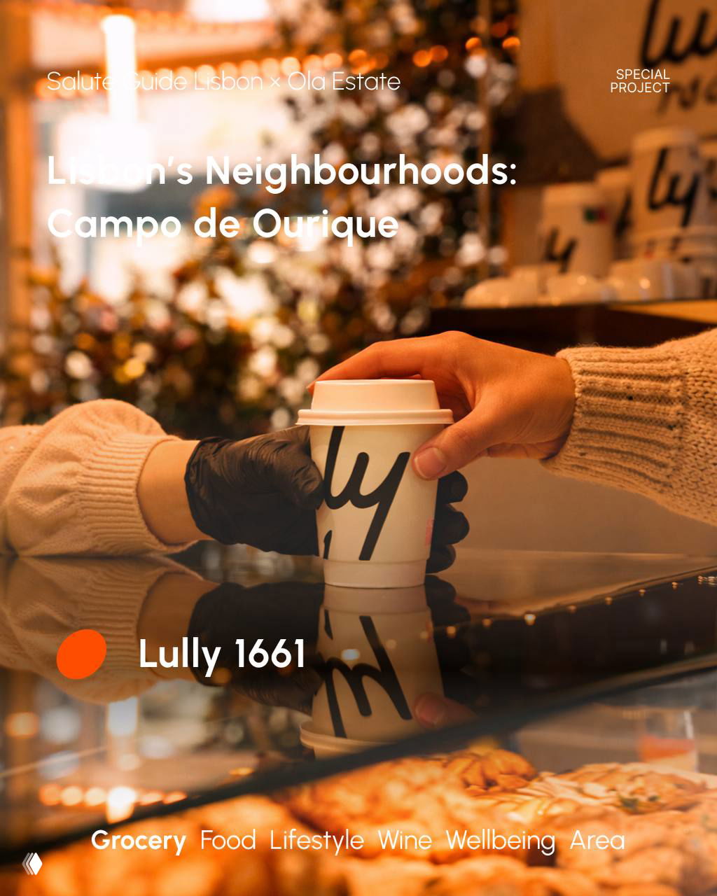 Close-up of a takeaway coffee being handed across a counter, warm lights and pastries blurred in the background inside a neighbourhood café.