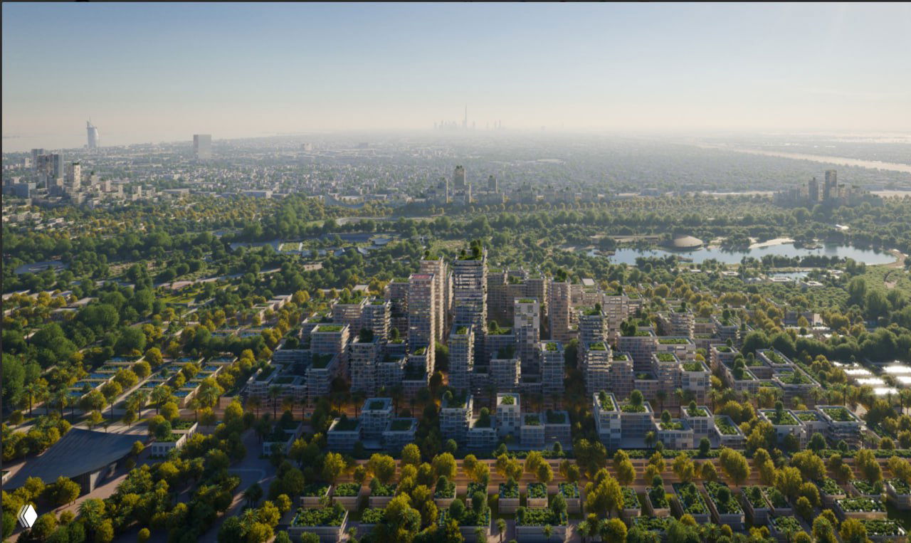 Перспективный рендер жилых кварталов и зелёных коридоров с панорамой города на фоне и сохранённым ипподромом
