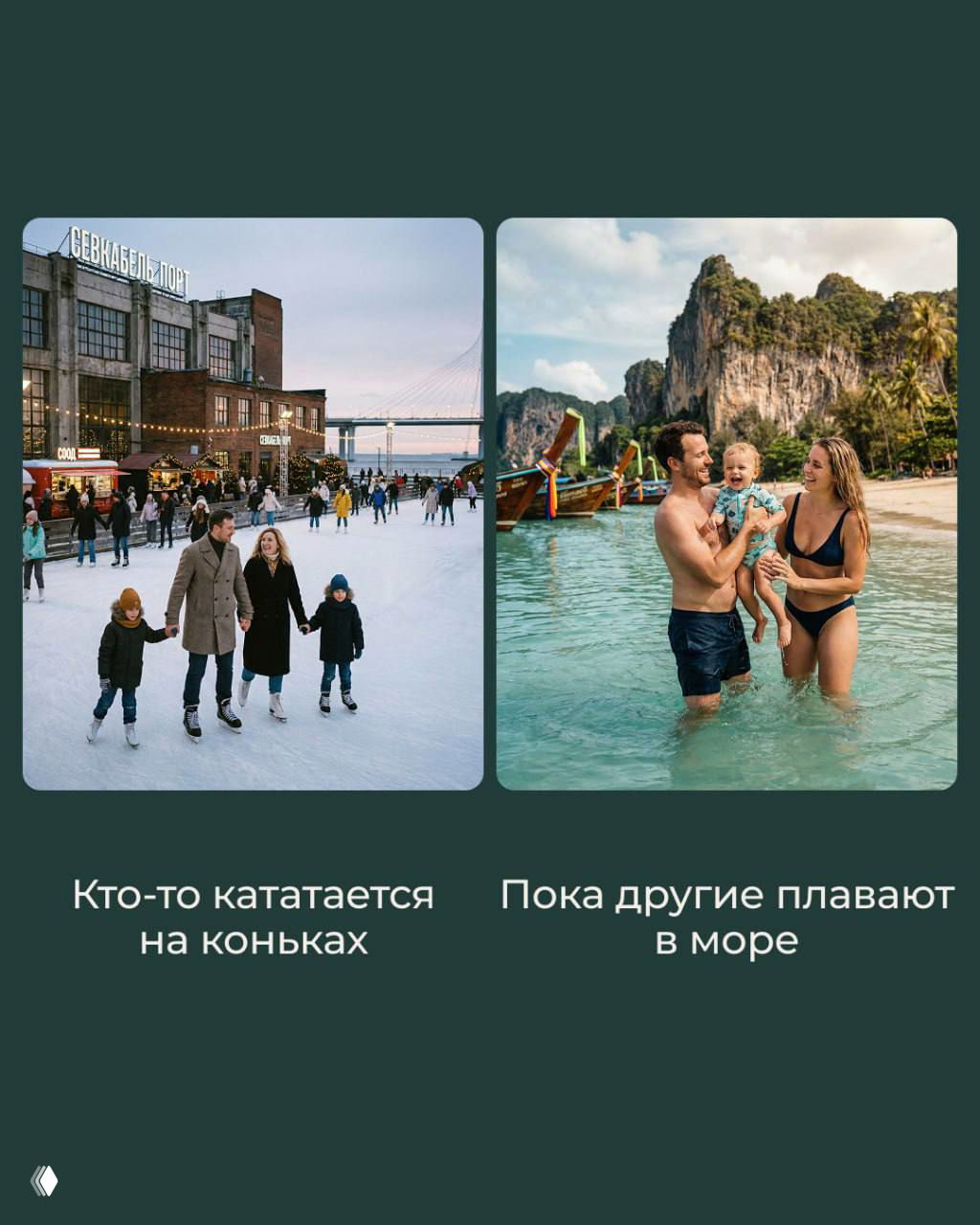 Коллаж: слева люди катаются на коньках на зимнем катке в городе среди прохожих, справа семья весело купается в тёплом море у пейзажа с известняковыми скалами.