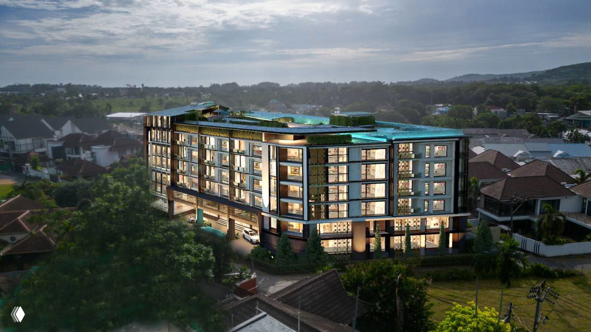 Аэровид комплекса 8 Atelier Residence в окружении зелёной застройки и частных домов, подчёркивающий масштаб проекта и его окружение в районе Пасак.