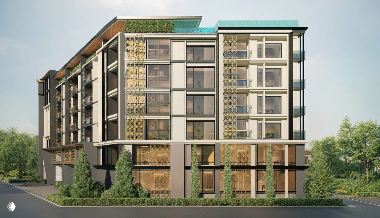 Дневной боковой вид фасада 8 Atelier Residence с декоративными панелями и балконами, визуализация архитектурной отделки и озеленения вокруг здания.