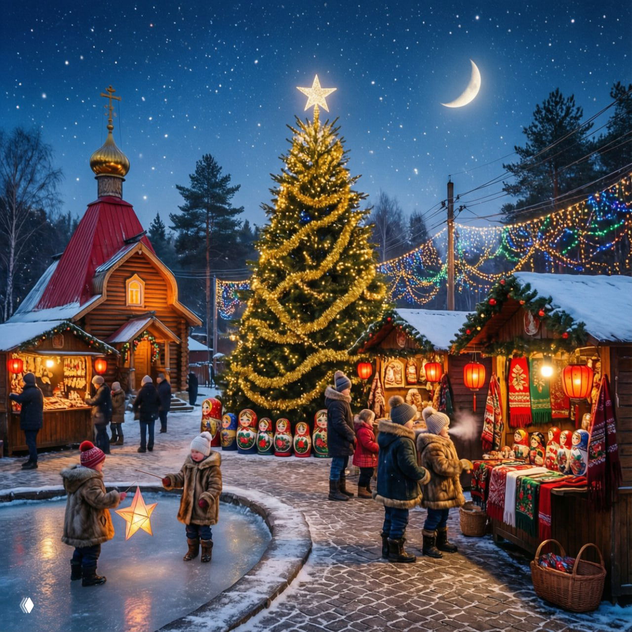 Вечерняя зимняя ярмарка у украшенной ёлки: деревянные торговые домики, люди в тёплой одежде, матрёшки и огни на фоне заснеженного пейзажа и купола церкви.