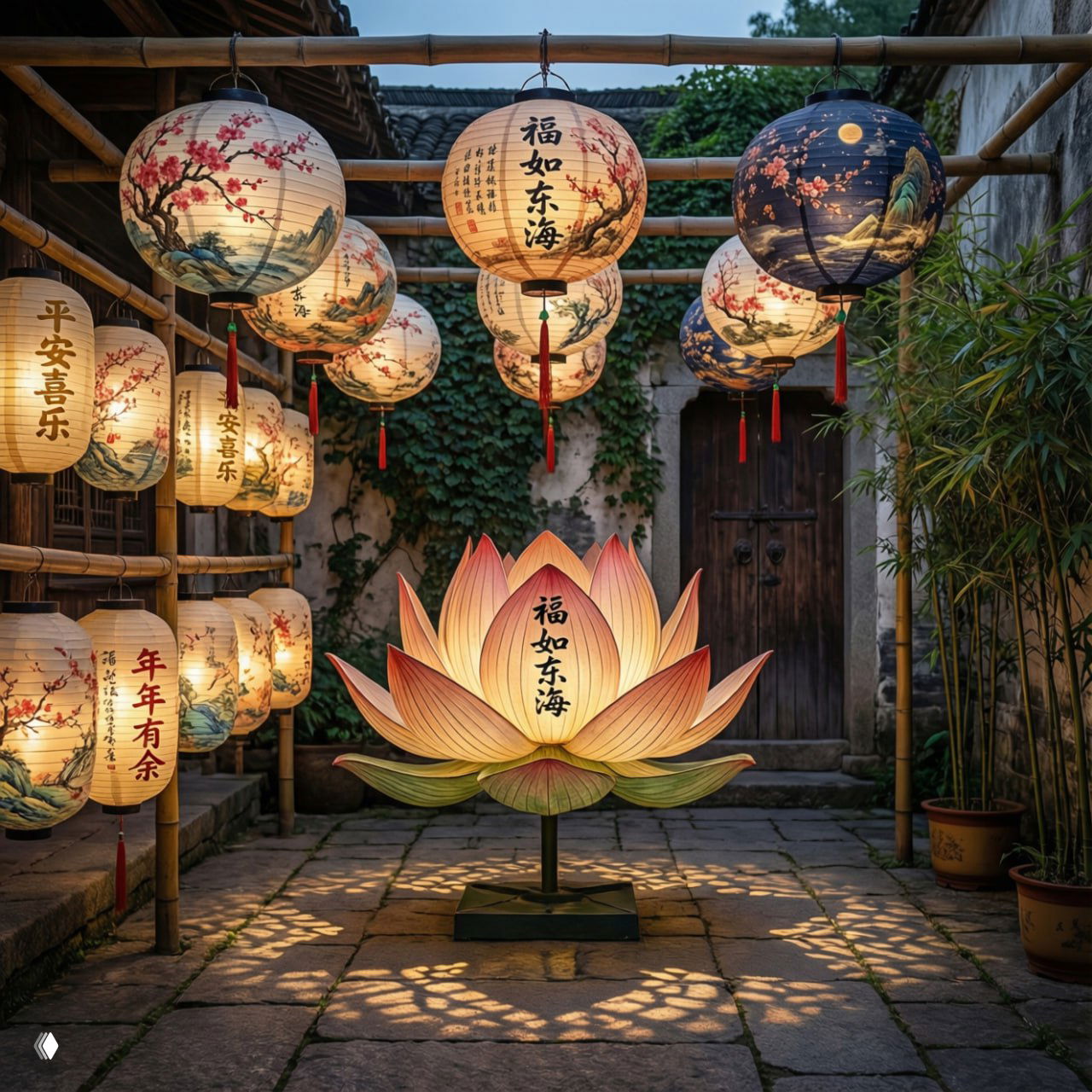Яркие расписные китайские фонари и подсвеченный декоративный лотос во внутреннем дворе, создающие праздничную атмосферу.