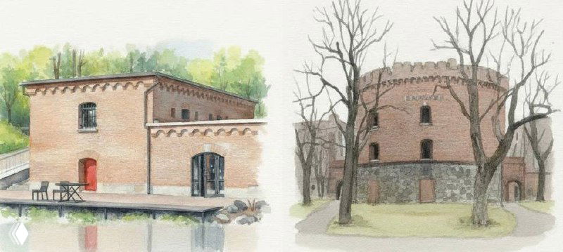 Акварельная или художественная визуализация замковых укреплений и стен, показывает атмосферу исторического места и окружающую зелень и открытую площадь.