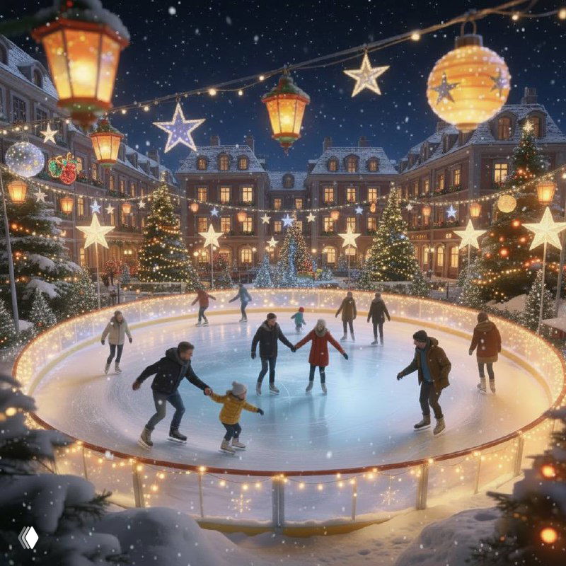 Праздничный зимний открытый каток ночью: люди катаются на льду под гирляндами, звёздными огнями и украшенными зданиями.