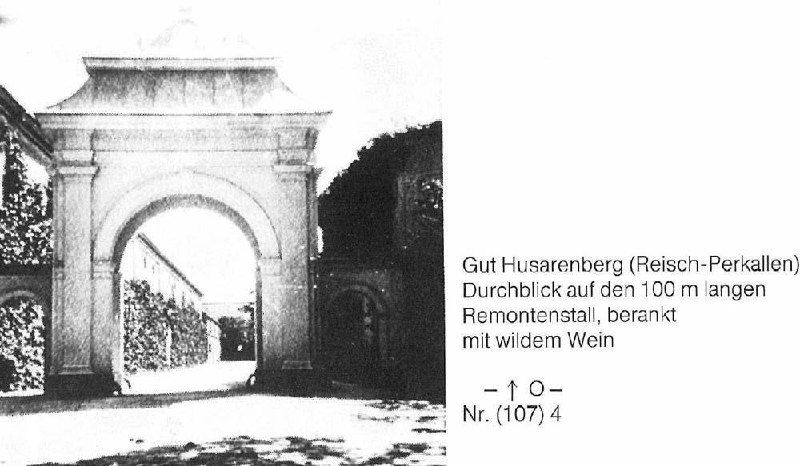 Архивное чёрно‑белое изображение усадьбы Перкаллен с фрагментами архитектуры и снегом на переднем плане, заметна деградация скана.