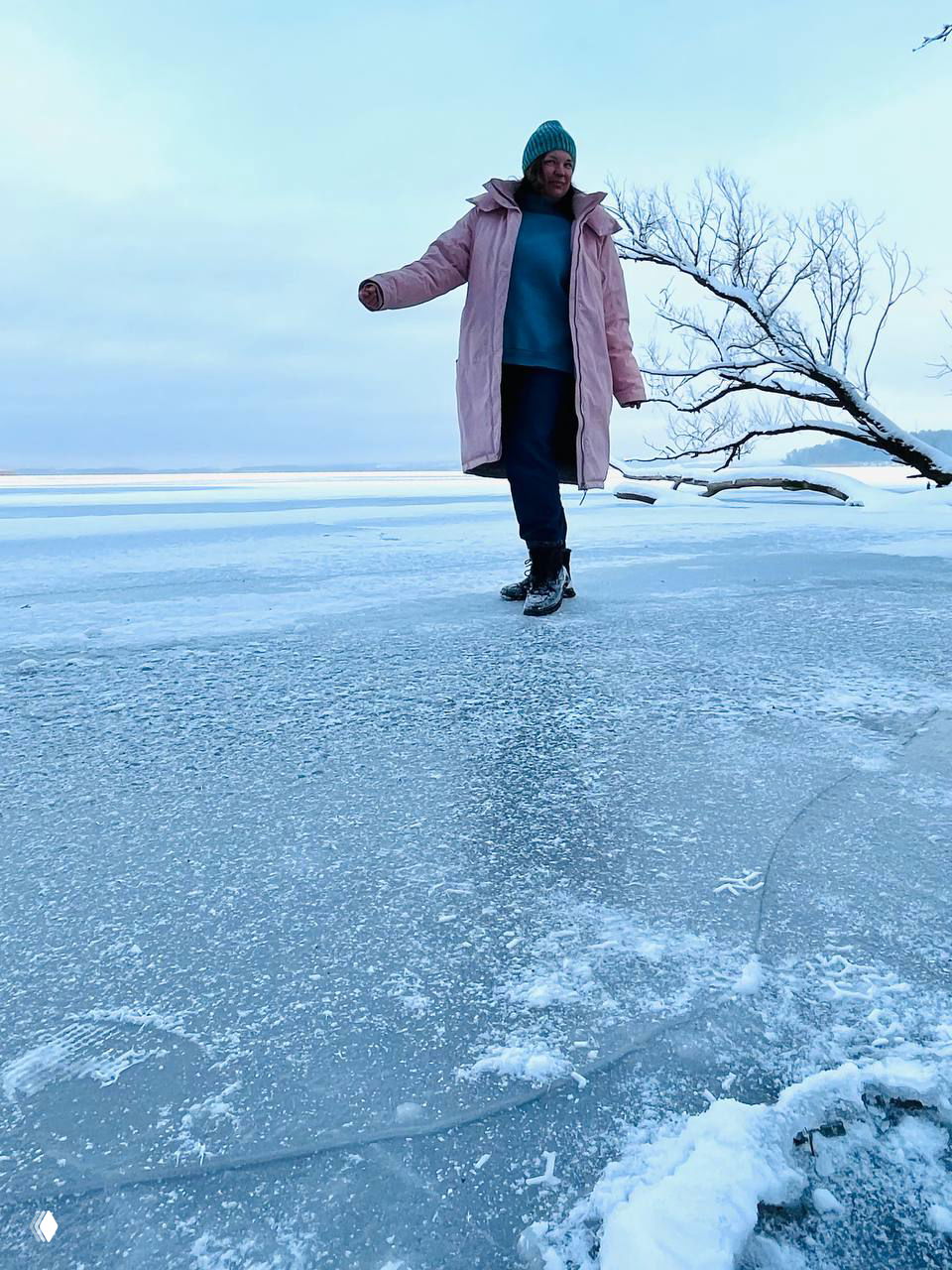 Человек в розовом пуховике идёт по прозрачному льду Виштынецкого озера; на фоне — дерево и холодное зимнее небо.