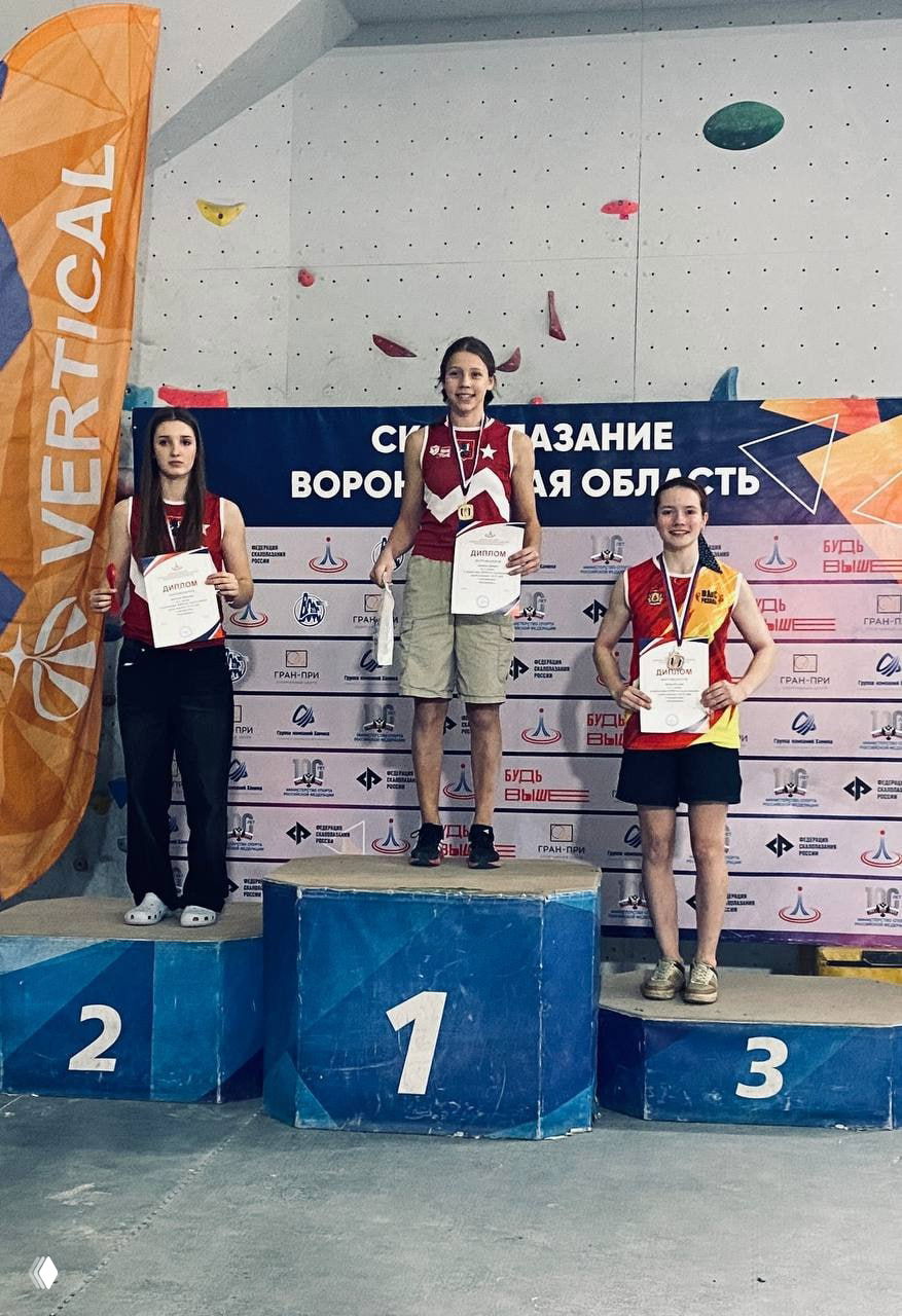 Пьедестал с тремя девушками: победительница в центре и бронзовая призёрка справа на Первенстве ЦФО по боулдерингу, фото с награждения.