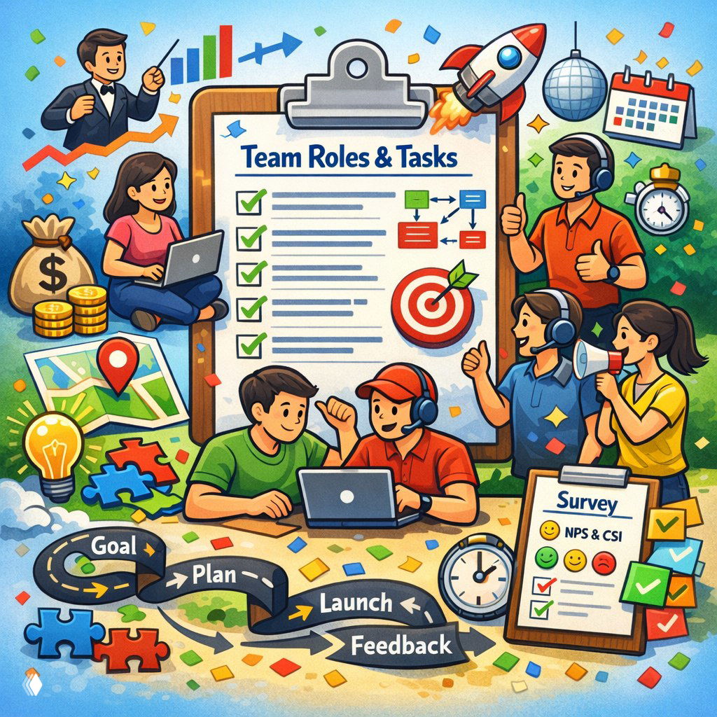 Иллюстрация команды организаторов вокруг большого чек-листа «Team Roles & Tasks», значки целей, опрос NPS/CSI, план запуска и обратная связь.