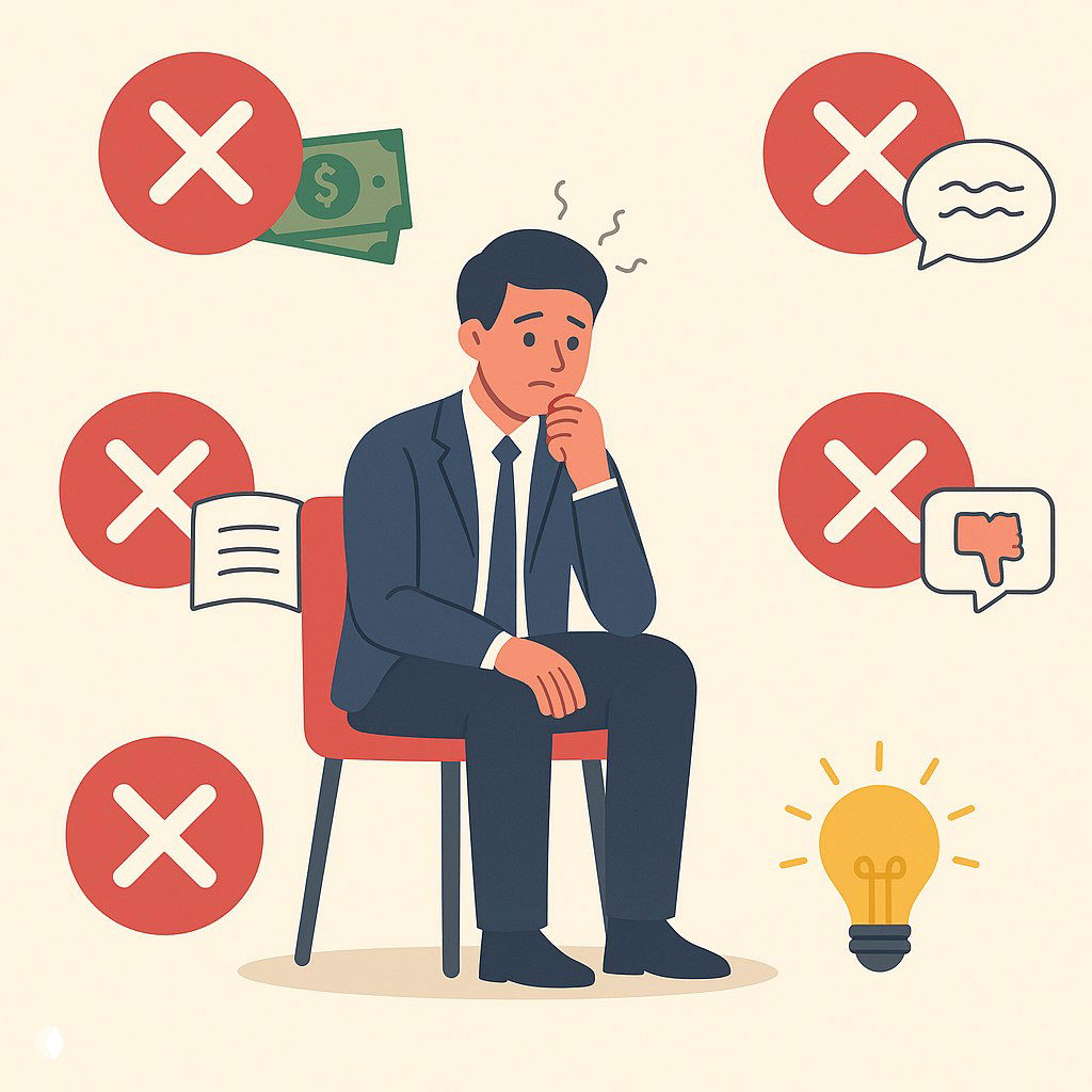 Иллюстрация задумчивого кандидата в костюме на стуле во время собеседования; вокруг иконки ошибок, денег и идей.