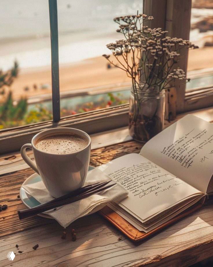Кружка кофе и открытый блокнот на подоконнике с видом на пляж — уютная сцена для вдохновения, тёплая атмосфера и спокойные заметки.