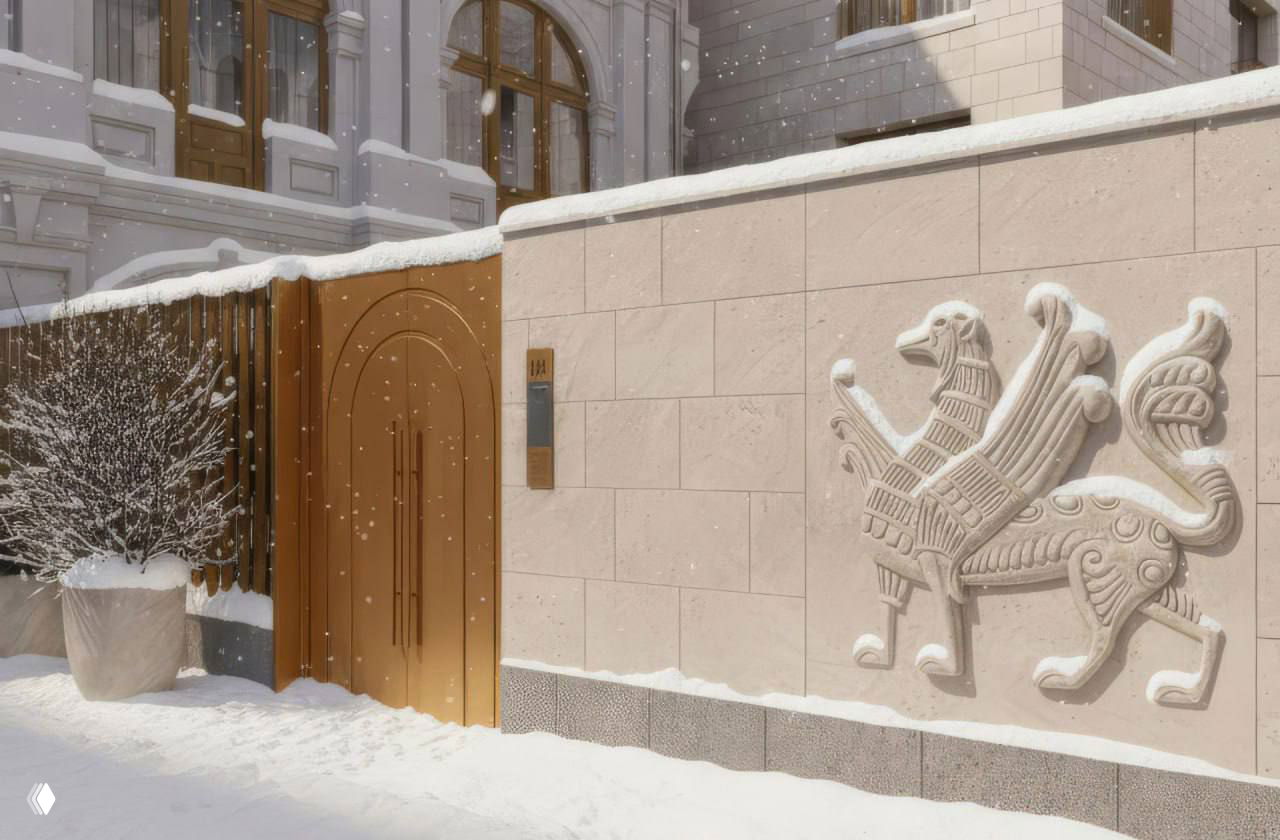 Каменная входная стена и ворота элитного двора с барельефом в виде мифической фигуры и снежным покрытием в архитектурной визуализации.