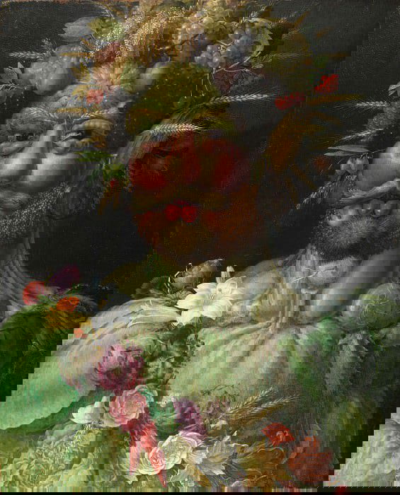 «Портрет императора Рудольфа II» авторства Арчимбольдо: голова, собранная из фруктов, овощей и цветов, характерный образ XVI века.