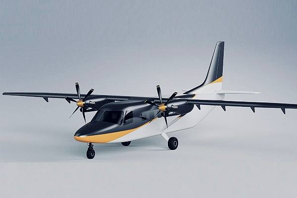 Лёгкий двухмоторный самолёт в нейтральной студийной постановке, вид спереди и снизу, подчёркнуты фюзеляж и шасси как иллюстрация проекта.