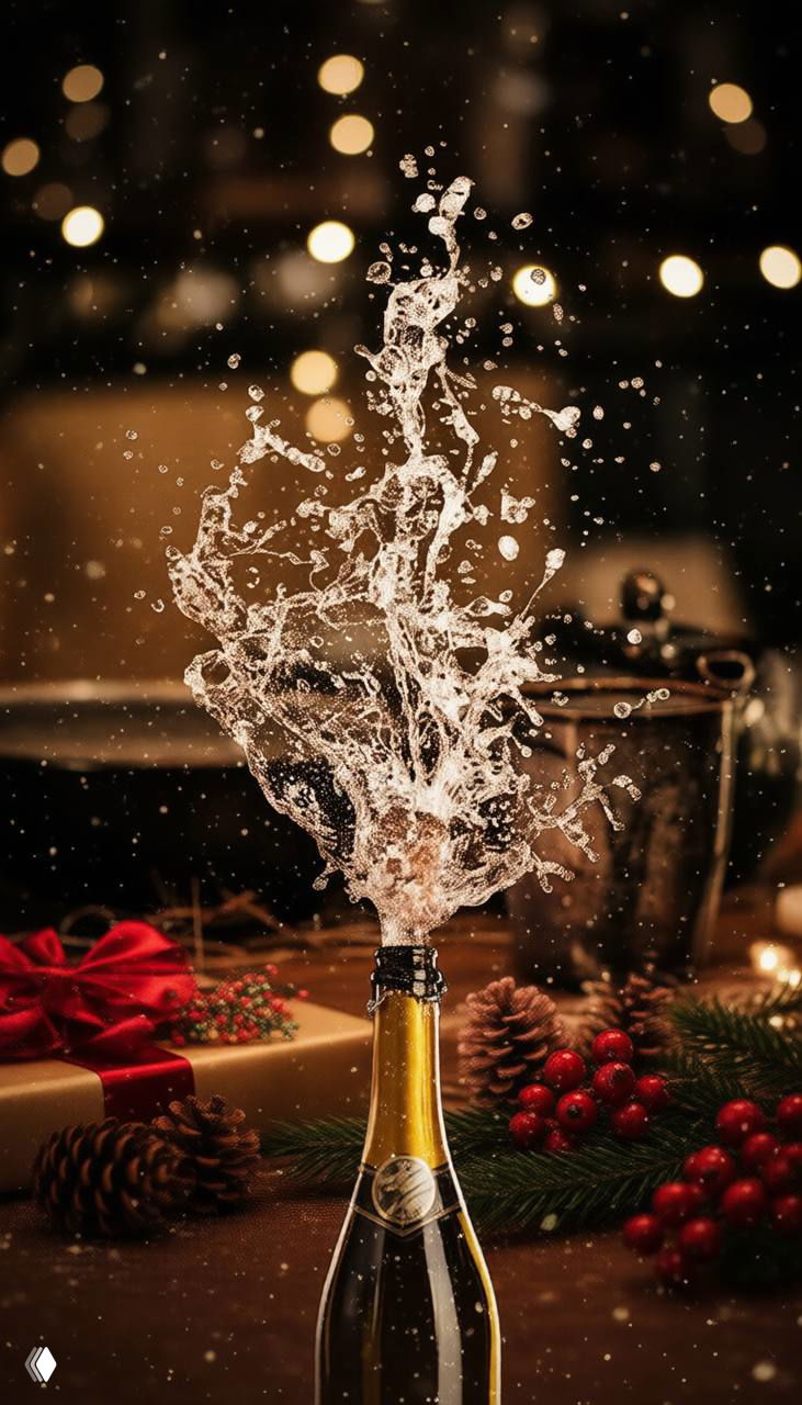 Бутылка шампанского с фееричным фонтаном пенящихся пузырьков на фоне праздничного стола с подарком, шишками и мягкими огнями.
