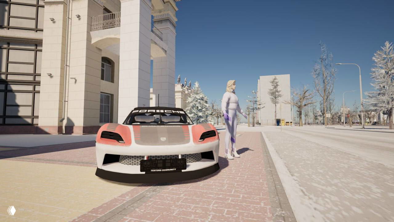 Фронтальный вид Porsche Mission R у здания: передняя часть машины с аэродинамическим обвесом и зимний городской пейзаж в фоне.