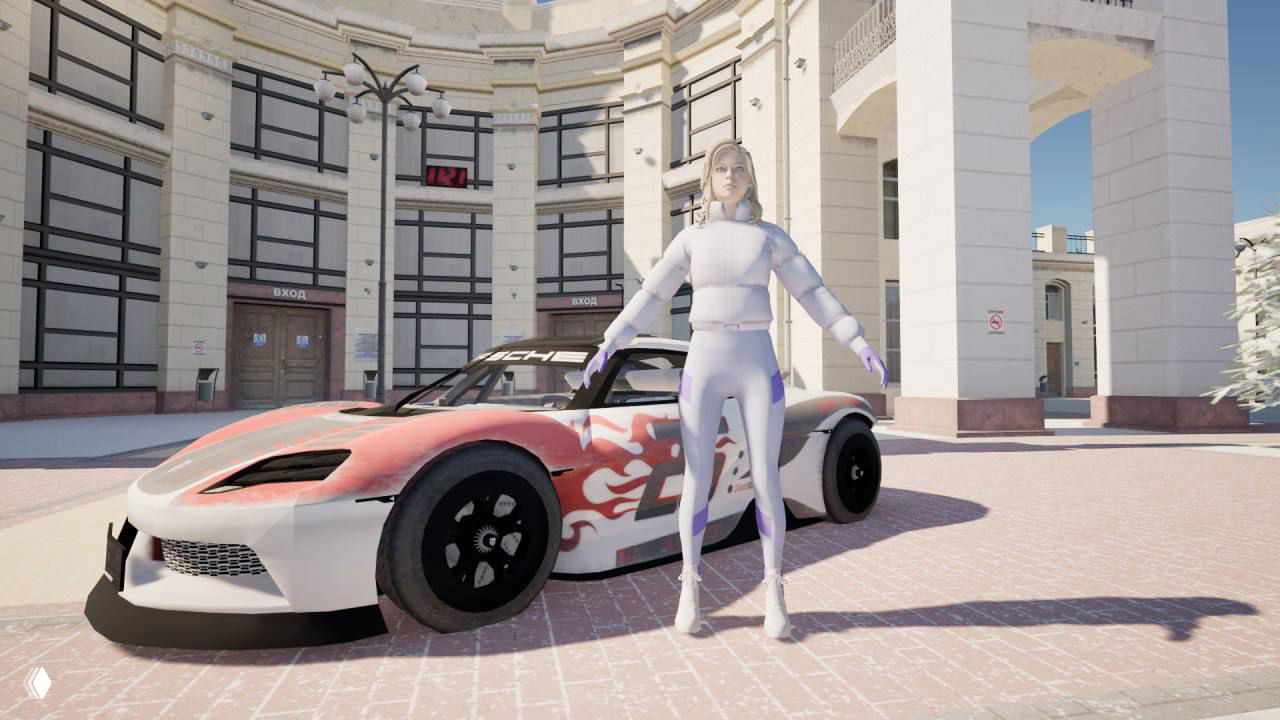 Porsche Mission R в окружении персонажа: автомобиль на плиточном тротуаре возле статуи и зданий — демонстрация масштаба и дизайна в игре.