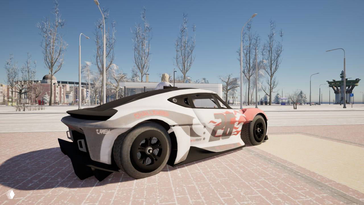 Профильный и задний ракурс Porsche Mission R в игровом мире Black Russia: спорткар стоит на заснеженной площади возле зданий и деревьев.