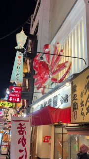 Декоративная вывеска в виде большого краба над входом в ресторан в оживлённом районе Осаки, окружённая неоновыми указателями и прохожими.