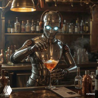 Кадр-превью: робот-бармен за барной стойкой смешивает неоновый коктейль, отражения бутылок на заднем плане и cinematic атмосфера.