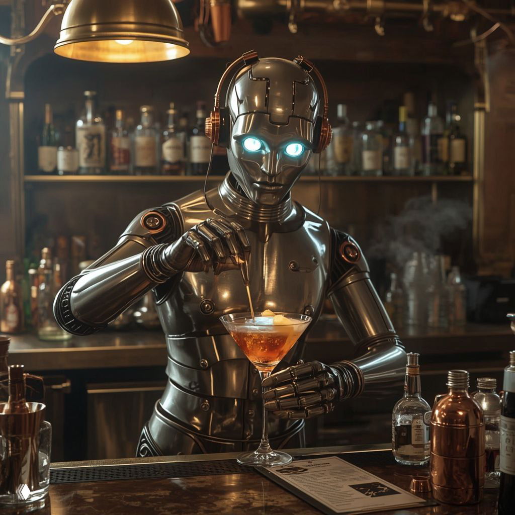 Иллюстрация робота-бармена в неоновом баре, смешивает коктейль в бокале; cinematic свет, пар, плывущие частицы и акцент на жидком движении.